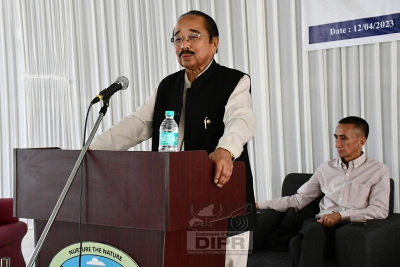 Advisor Imkong L Imchen addressing the felicitation cum valedictory programme of 21st Batch, Soil & Conservation Assistant (SCA) Trainees on April 12. (DIPR Photo)